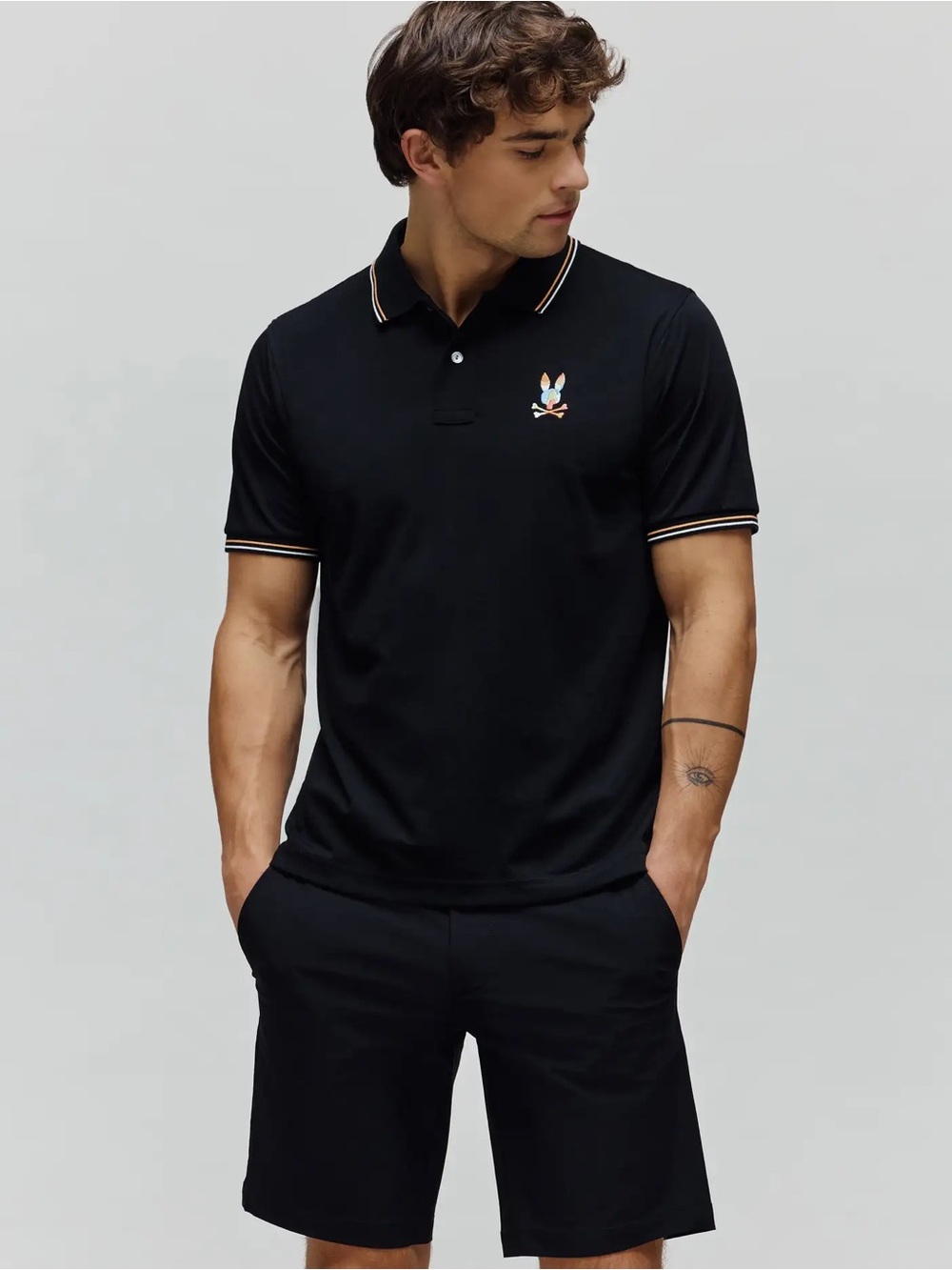 PSYCHO BUNNY Classic Pique Polo in Black Neon Orange Aqua Trim Sz. M - 5